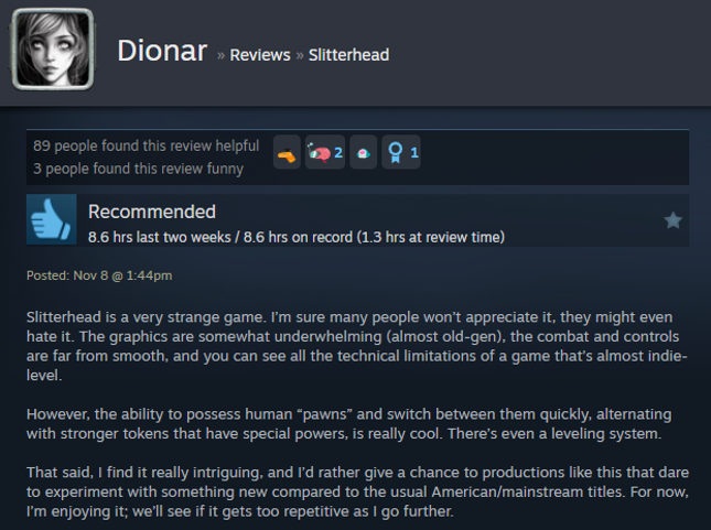 Screenshot showing a Steam user review of Slitterhead.